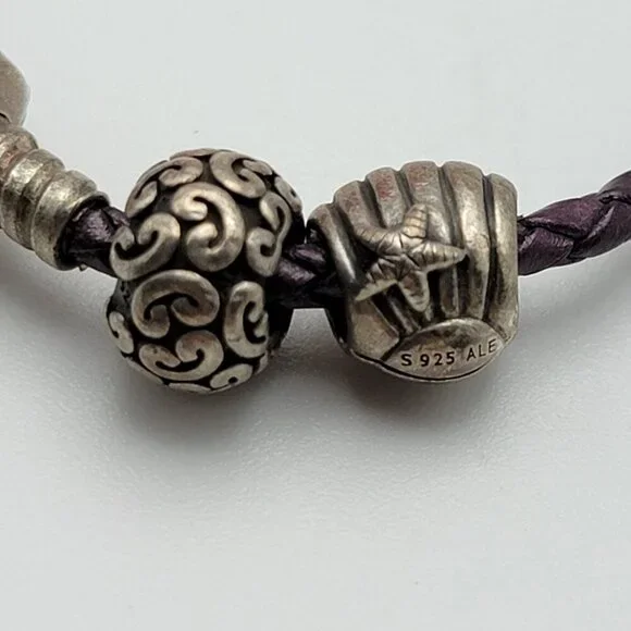 Pandora Brown Woven Leather Bracelet 6" With 3 Sterling Silver Charms All Marked - Picture 2 of 9